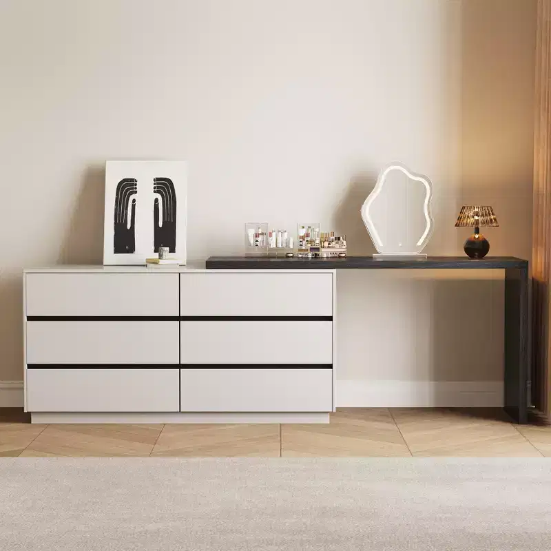Luck Live Modern Extendable Vanity Table with 6-Drawer Storage, Reversible Left or Right Setup, Makeup Vanity for Bedroom or Dressing Room