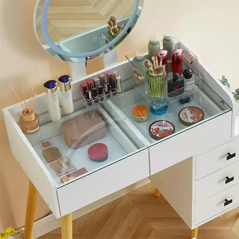 Vanity Desk with Mirror and Lights, Glass Top Dressing Table with 5 Drawers, 1 Makeup Stool for Dressing Room Living Room Home Office White
