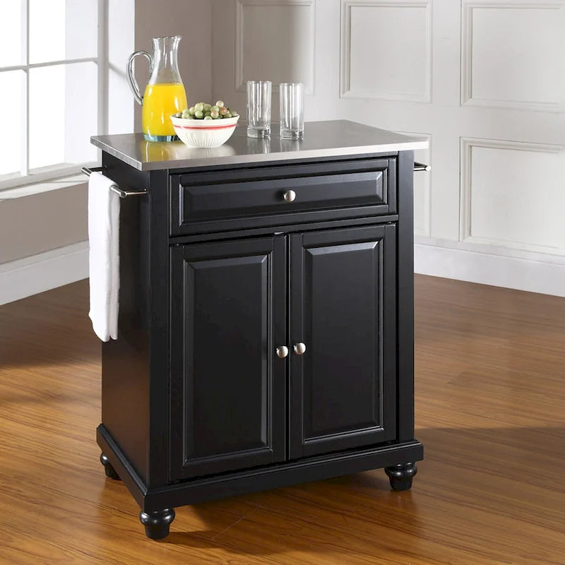 Black Portable Kitchen Island with Stainless Steel Top Cabinet Drawer and Towel Bars