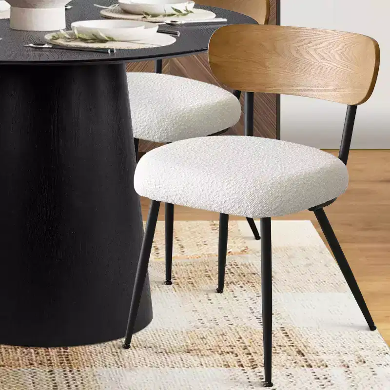 5-Piece Round Dining Table Set, 42 Oak Pedestal Table with 4 Boucle Upholstered Chairs, Ash Wood Backs, and Metal Legs - Panipeachy