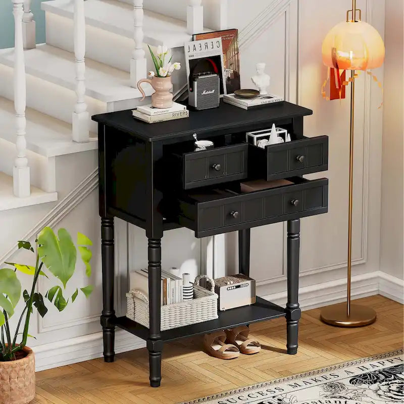 Narrow Console Table with Drawers and Bottom Shelf