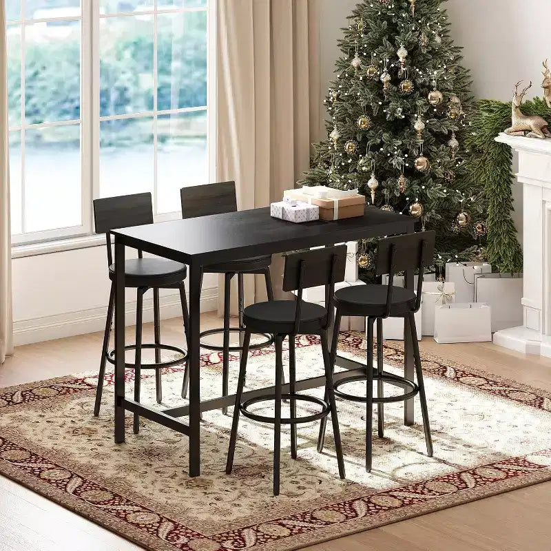 Zevemomo 5-Piece Dining Set for 4, Counter Height Table with 4 PU Stools, Space-Saving Bar Table Set for Small Kitchen, Black