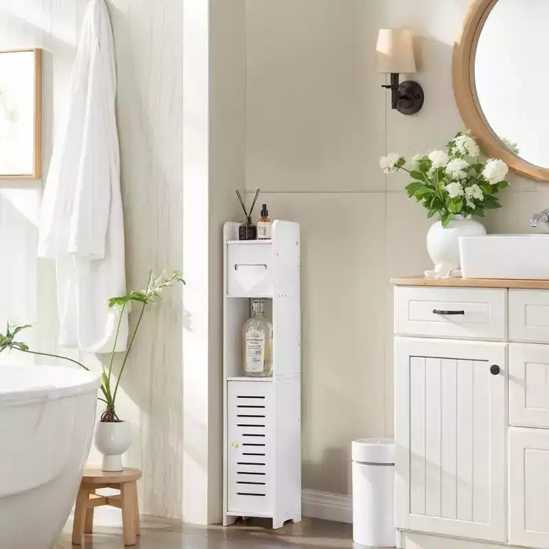 Bathroom Corner Shelf Storage, Waterproof Corner Cabinet with Toilet Paper Roll, White