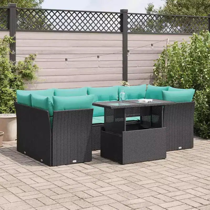vidaXL 7 Piece Patio Sofa Set with Cushions Black Poly Rattan Acacia