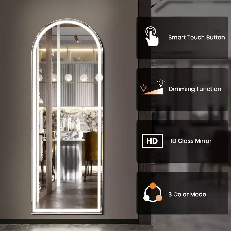 LED Light Arched Frameless Full-Length Mirror with 3 Color Modes, Touch Control