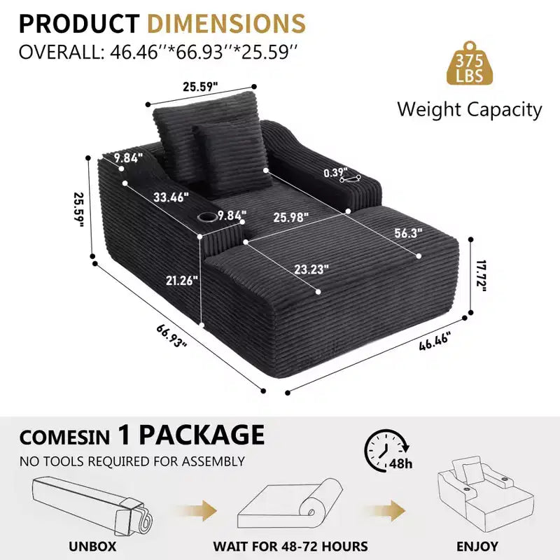 67'' Chaise Lounge Chair, Indoor Sleeper Sofa Bed with 2 Pillows, Boneless Single Sofa Couch for Living Room, No Assembly Required