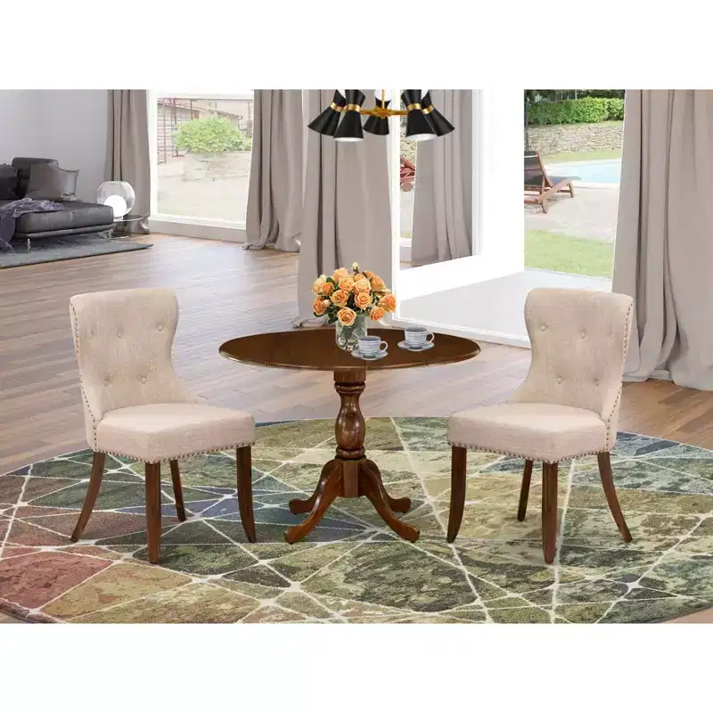 HomeStock Belmont 3 Piece Dining Table Set, 1 Drop Leaves Table and 2 Light Tan Linen Fabric Dinning Chairs - Acacia Walnut Finish