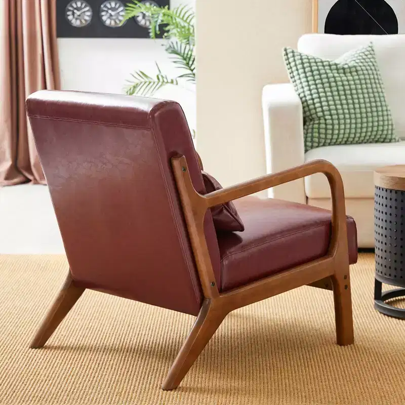 Mid-Century Modern Leatherette Arm Accent Chair Walnut Rubberwood Frame Burgundy - Glitzhome: Upholstered, 300lb Capacity