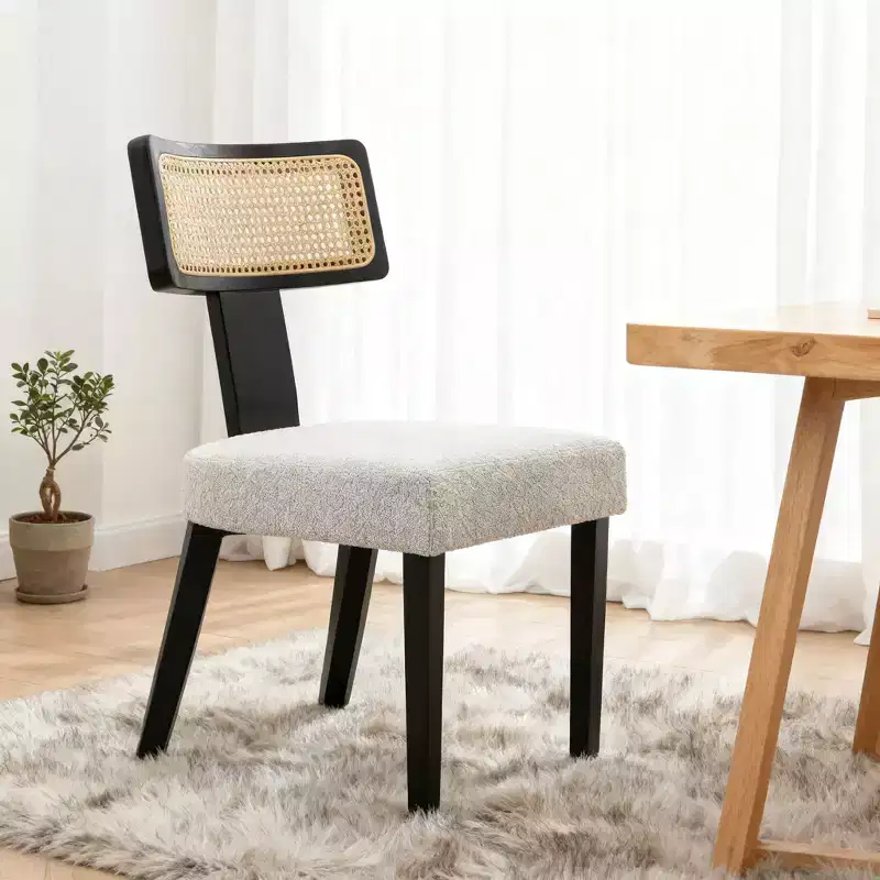 Homy Casa Set of 2 Upholstered Dining Chairs with Rattan Back and Black Wood Frame, Beige Fabric