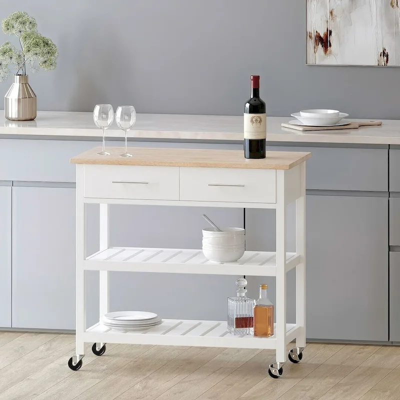 Modern Wood Kitchen Cart with Wheels, Drawers and Shelves
