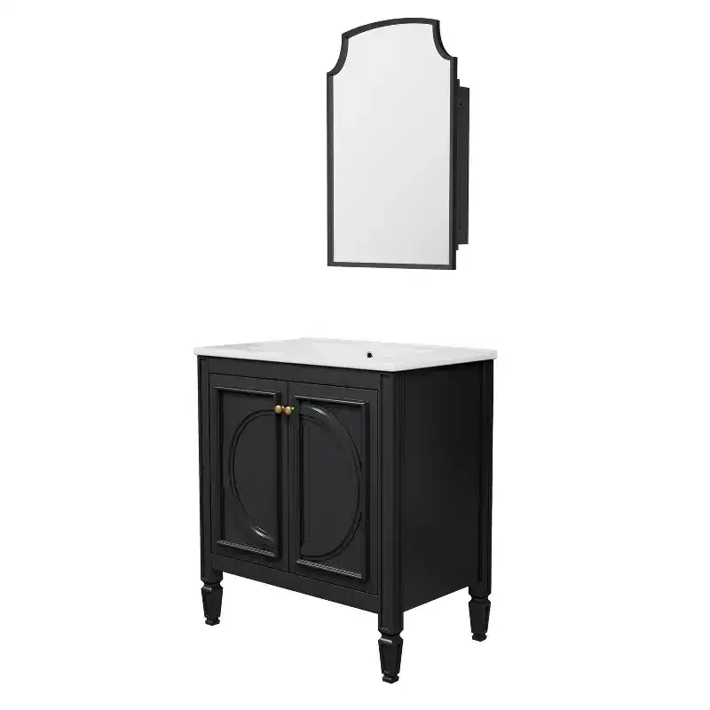 30 inch Black Bathroom Vanity with Sink and Iron Arched Mirror Cabinet, Two Doors with Shelf, Soft Close Door Hinges