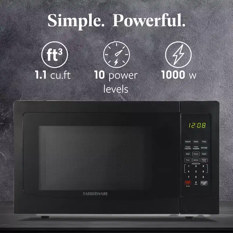 Farberware 1.1 Cu. Ft. Countertop Microwave Oven  1000W Power, Auto Cook Settings, Defrost, and Safety Lock