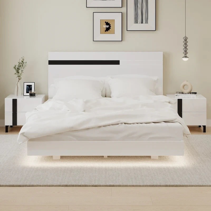 Roomfitters Modern 3 Piece Glossy Queen Platform Bed Set, Lighted Frame, 2 Nightstands, White