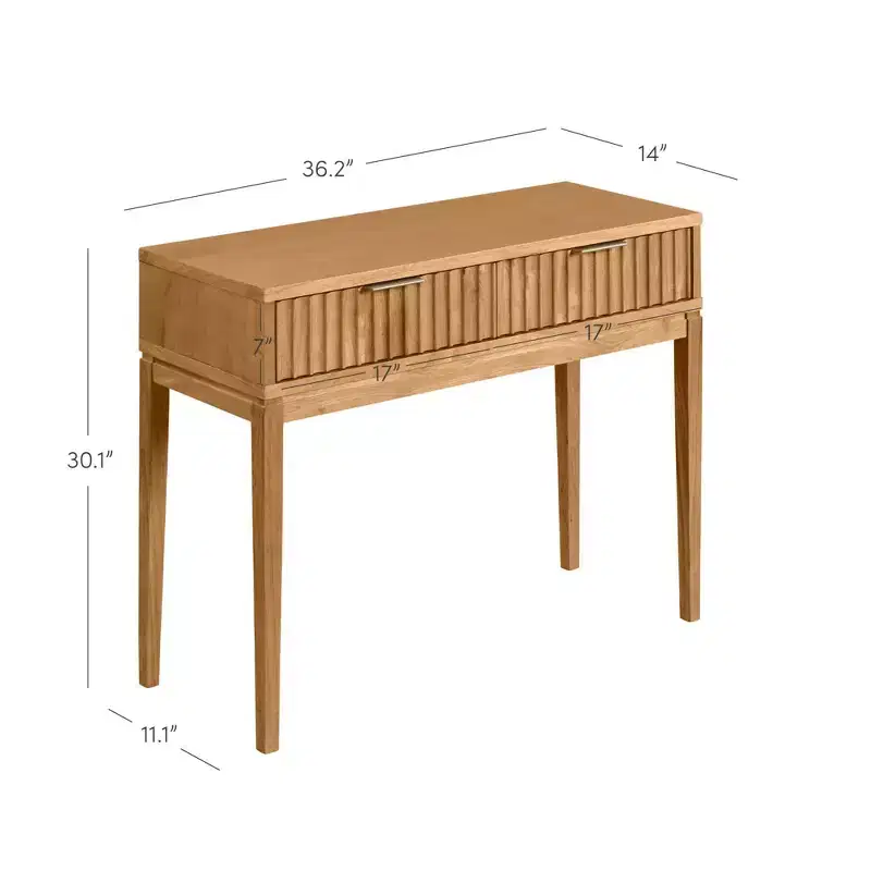 Nathan James Boho Wood Fluted 2 Drawers Console Table: Tapered Legs, Brass Handles, Mid-Century Modern