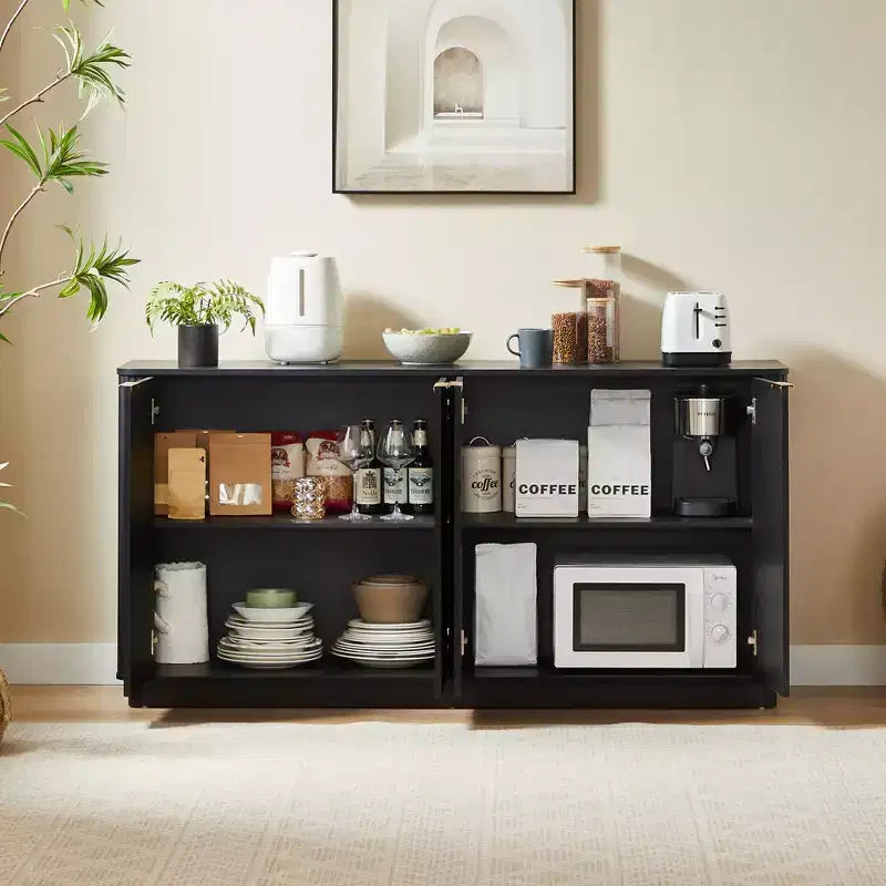 63 Vertical Stripe Buffet Cabinet Sideboard with Storage, Curved Wave Design TV Stand for Living Room Bedroom Hallway, Black