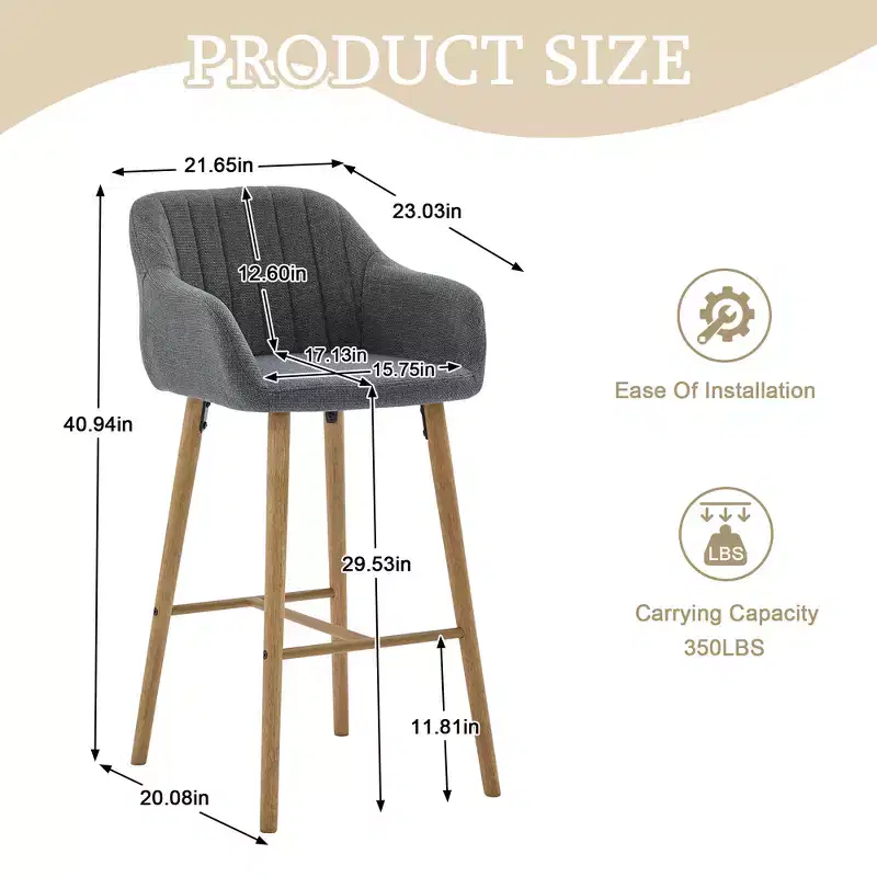 Zeus & Ruta Modern Linen Upholstery Bar Stools Set of 2 with Back, Armrest & Wood Legs, Kitchen Island Height