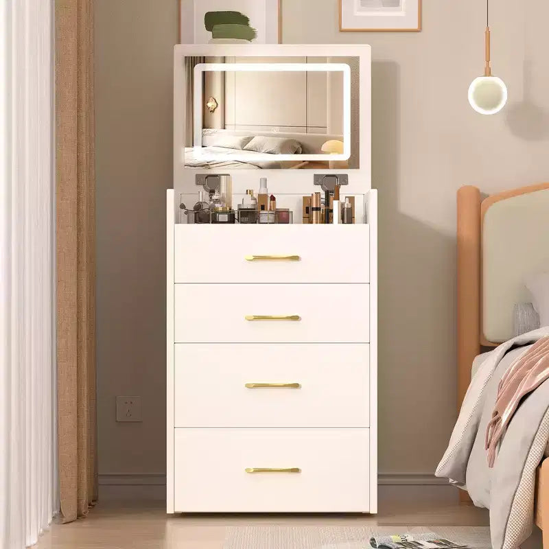 3 in 1 Makeup Vanity Desk Compact Vanity Table Dressing Table with Bench, Lighted Mirror, Drawers & Visible Glass Desktop, White - ModernLuxe