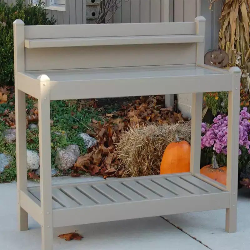 Dura-Trel Greenfield PVC Vinyl Indoor Outdoor Table Potting Bench Station with Shelf for Plant Accessories & Gardening Supplies Storage, White