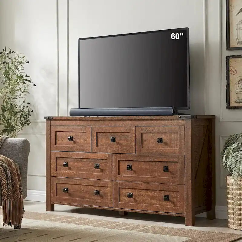 Farmhouse 7 Drawer Dresser Chest with Barn Door Style