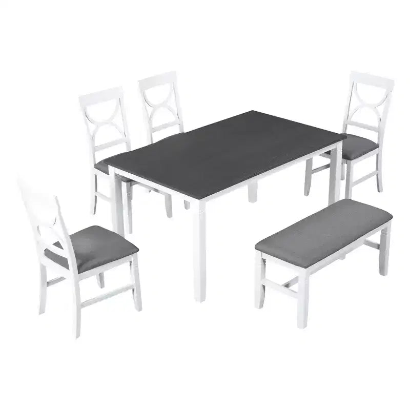 Whisen Farmhouse 6-Piece Wood Dining Table Set with Upholstered Bench and 4 Dining Chairs - Gray+White