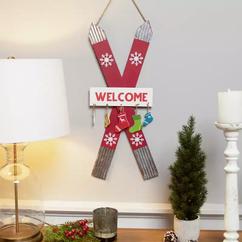 Northlight Wooden Welcome Skis with Christmas Stockings Hanging Decoration - 23.5