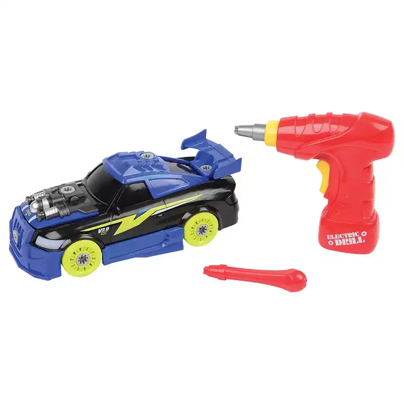 Constructive Playthings Build & Play Race Car STEM Toy  26-Piece Set with Power Screwdriver, Lights & Sounds Ages 3+