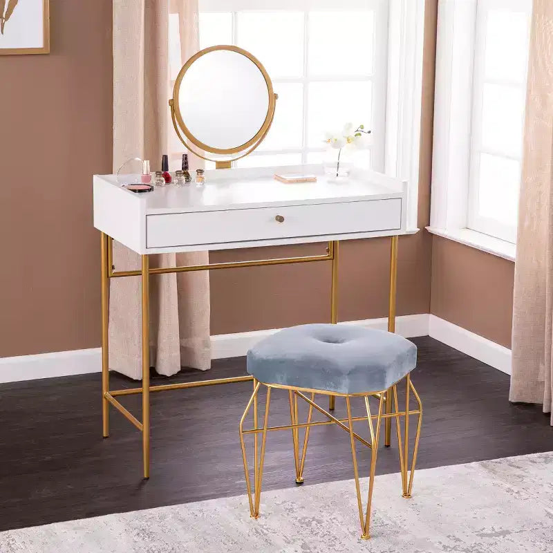 Vanity Table with 360�� Swivel Mirror & Drawer - Gold & White
