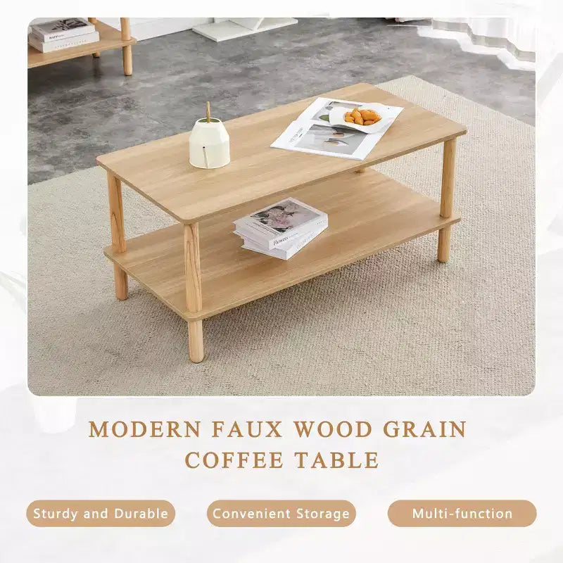 Modern 2-Tier Rectangular Coffee Table with Open Storage Shelf and Rounded Solid Wood Legs, Sofa Table for Living Room, Office, or Reception Area