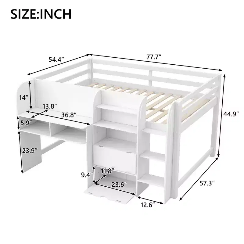Pink/White Low Loft Bed with Desk, Storage & Whiteboard �C Twin, 1-Person