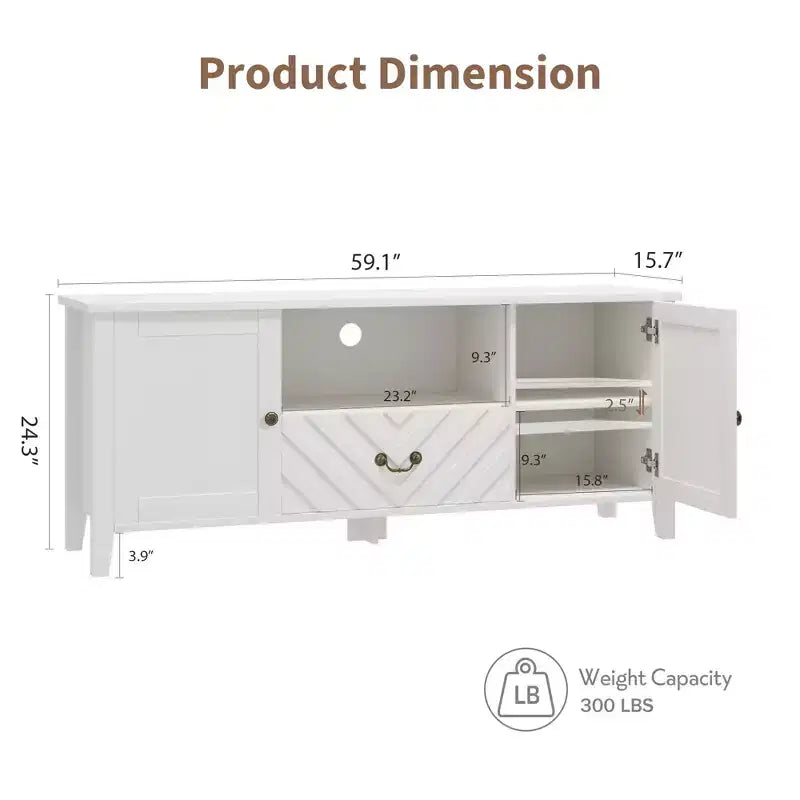 Farmhouse TV Stand for TV up to 70 Inch, Media Console with V-Shaped Pattern Drawer
