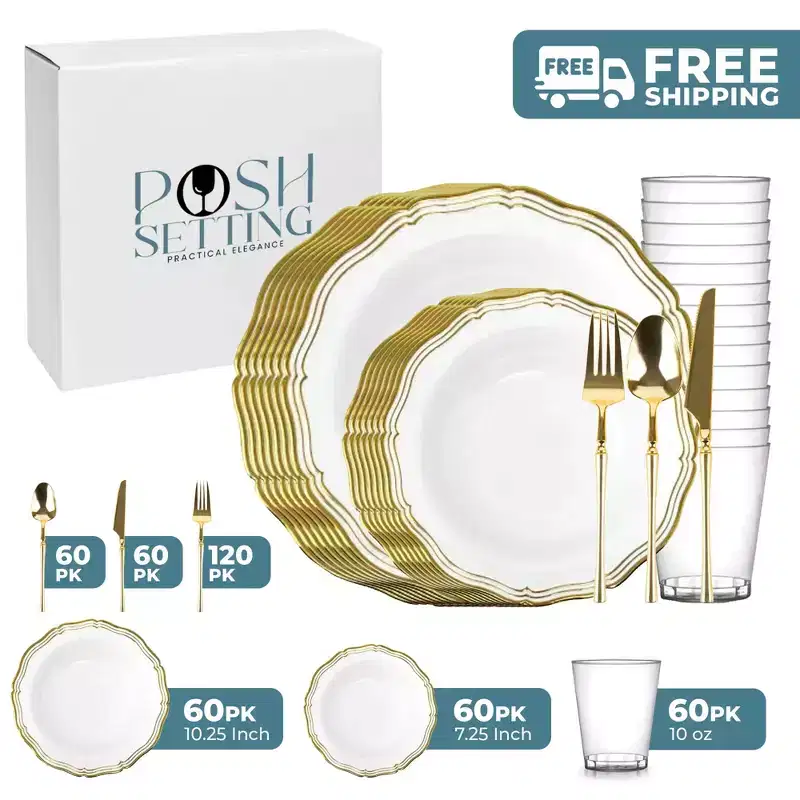 Posh Setting 420 Piece White And Gold Plastic Party Bundle - Aristocrat (60 Settings)