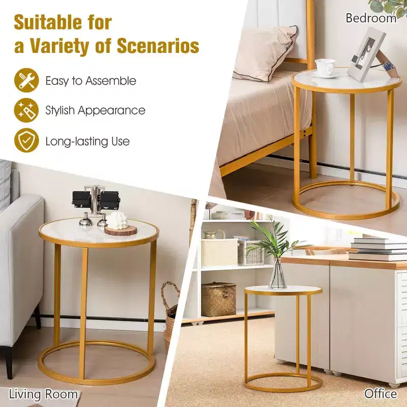 Costway 2PCS Marble Top Round Side Table 19.5x19.5 End Table w/Golden Metal Frame Gold