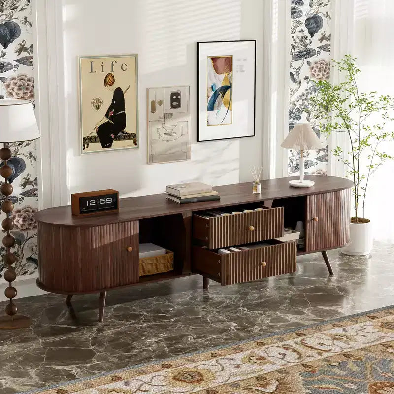 Mid-Century Modern TV Stand for TVs up to 80, Entertainment Center with Tambour Doors & Fluted Drawers, Walnut Brown Media Console - ModernLuxe