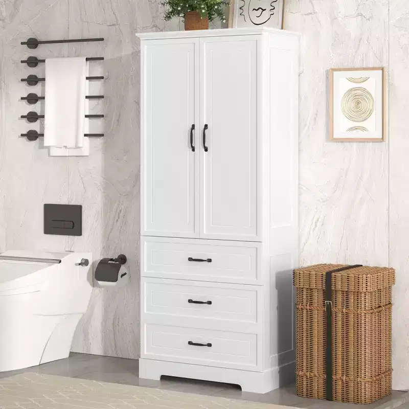 GDFStudio Clara Modern Wood Tall Bathroom Storage Cabinet with Double Doors, Adjustable Shelf and 2 Drawers