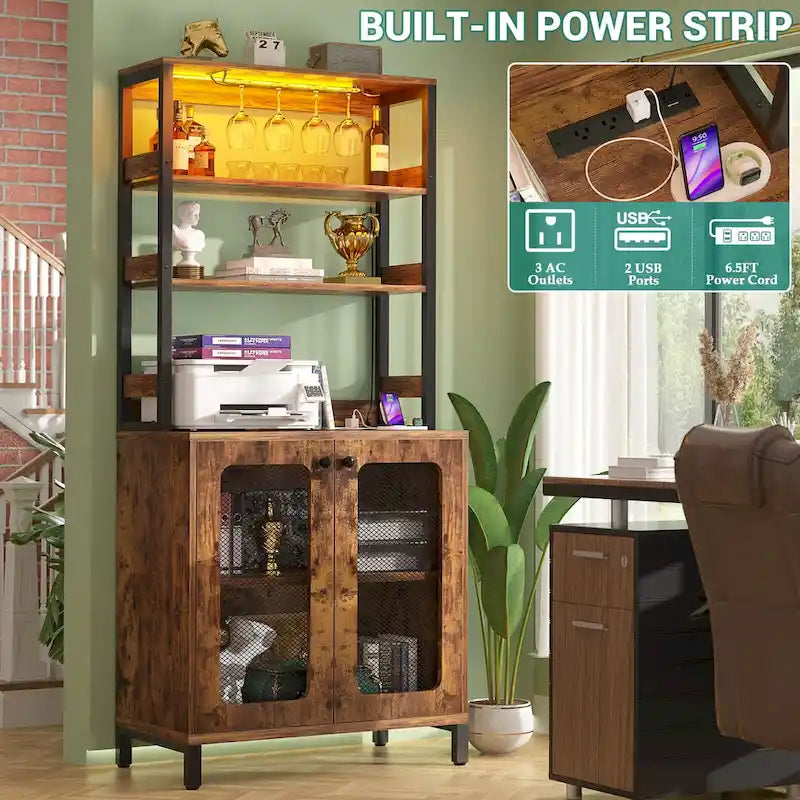67-Inch Tall Wine Bar Cabinet with LED Lights, Glass Holder and Power Outlets