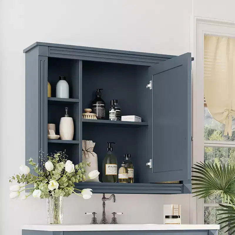 MAYEERTY 28.7 Wall Mounted Bathroom Mirror Cabinet with Concealed Storage 6 Open Shelves Medicine Cabinet Blue