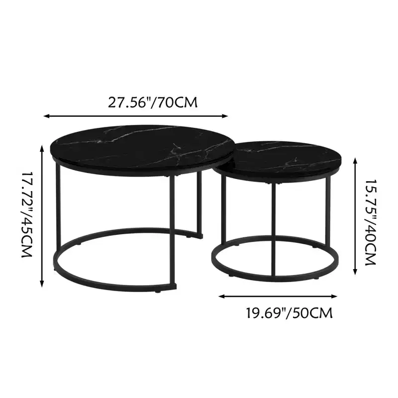 Nesting Coffee Table Set of 2, 27.6inch Round Coffee Table Wood Marble Pattern Top with Sturdy Metal Frame, End Table Side Tables