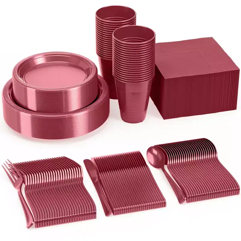 Crown Display 182 Pc Plastic Dinnerware Set: Includes 26 Each of 9'' Plates Disposable, 7'' Dessert Plates, 12oz Cups Napkins & Cutlery