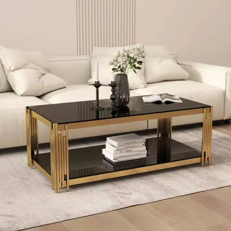 MAYEERTY 47 inch Rectangle Glass Double Layer Cofee Table, Black Modern Table with Tempered Glass Tabletop Stainless Steel Legs