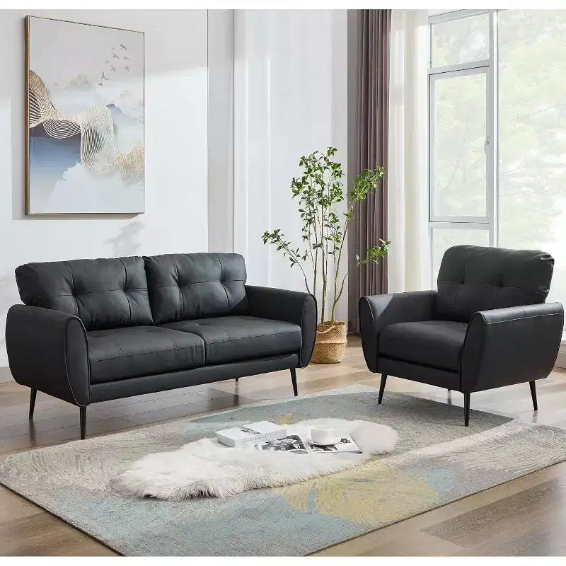 TYBOATLE 61 Mid-Century Modern Tufted Loveseat/L-Shaped Sofa & Chair, Faux Leather Living Room Luxury Sofa Set, for Living Room, Bedroom or Office