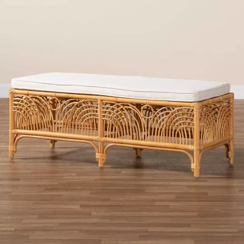 bali & pari Materra Rattan Bench White/Light Honey: Upholstered Polyester, No Assembly, Spot Clean