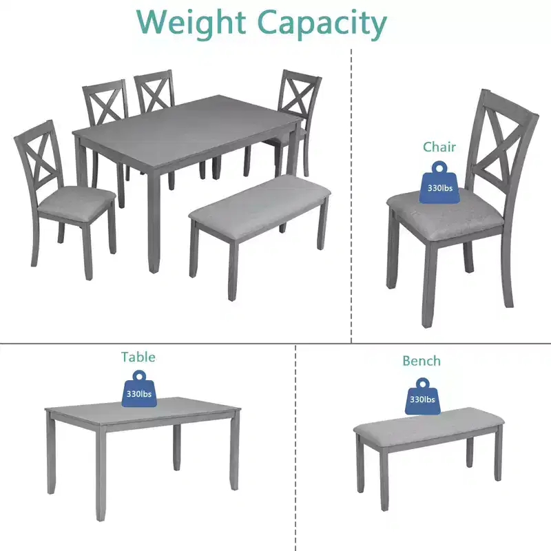 Homy Casa 6-Piece Wooden Dining Table Set with 4 Upholstered Chairs and Bench, Kitchen & Dining Room Furniture, Grey