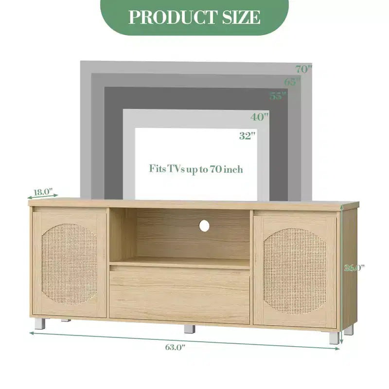 Rattan Door TV Stand with Drawer, Open Shelf and Side Cabinets, Fits TVs up to 70 Inch