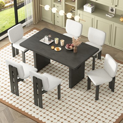 7-Piece Retro Dining Set, 1 Rectangular Table with Designed Trestle Base and 6 Upholstered Chairs - ModernLuxe