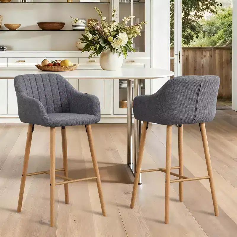 Zeus & Ruta Modern Linen Upholstery Bar Stools Set of 2 with Back, Armrest & Wood Legs, Kitchen Island Height