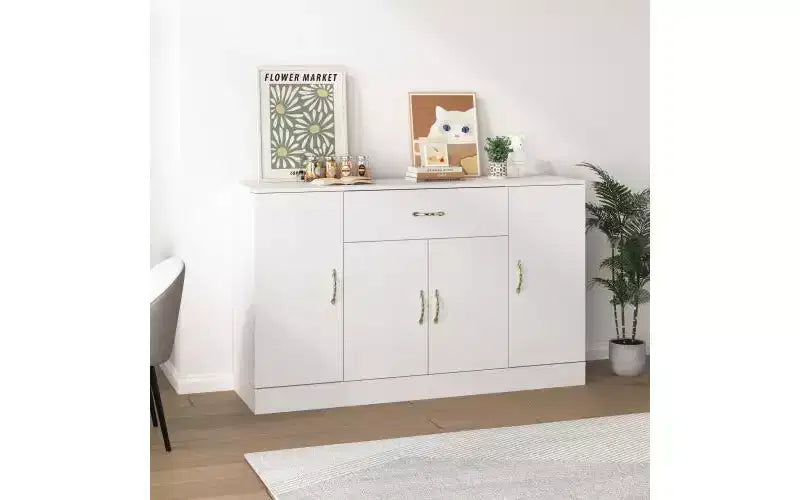JVNOXK Sideboard with storage, large kitchen cabinet featuring 1 drawer and 4 doors, modern style, suitable for kitchen and dining areas, white