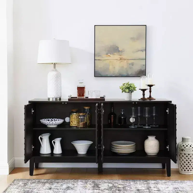 TUYOHW Buffet Cabinet,Buffet Table with Geometric Pattern,Adjustable Shelves,Outlet Holes,Sideboard TV Stand for Living Room,Kitchen,Dining Room,Black