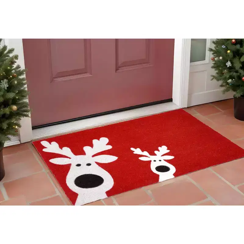 HomeRoots 17 X 29 Red and White Coir Reindeer Outdoor Christmas Door Mat