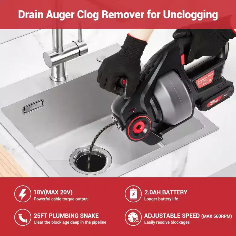Electric Drain Auger 25FT, Heavy Duty Plumbing Snake for Toilet, Sink Sewer, 3-In-1 Drain Clog Remover, Bathroom Pipe Cleaner Tool