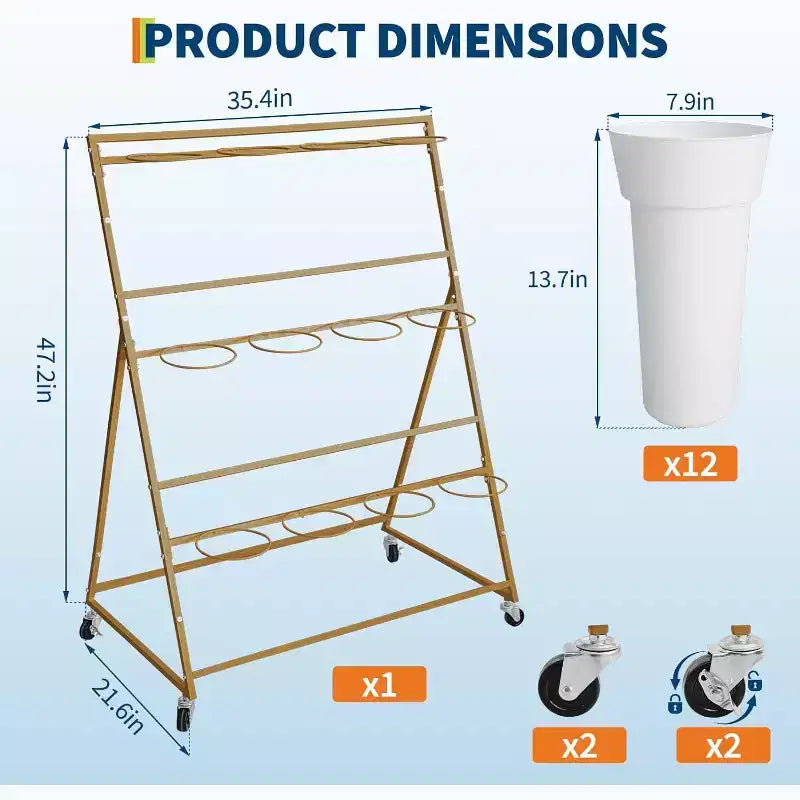 3-Tier Metal Flower Display Stand with 12 Buckets,Mobile Plant Rack with Wheels,Indoor & Outdoor Garden, Patio, Wedding, Flower Shop Use